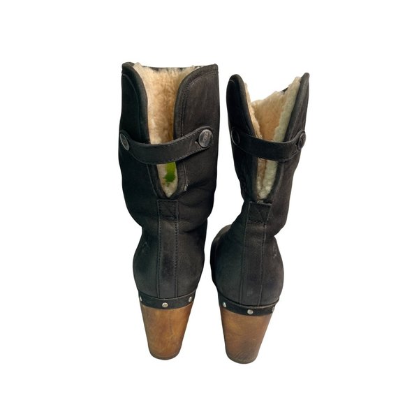 UGG Womens MOUTON Boot Roll Top BLACK Leather Heels Boots 3207 Size 6 - Picture 5 of 12